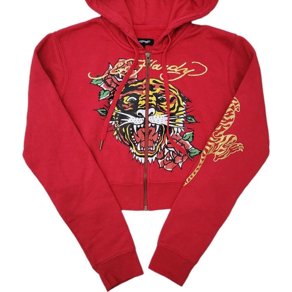 Ed Hardy Womens L Red Cropped Full Zip Hoodie Tiger Rose Graphic Tattoo